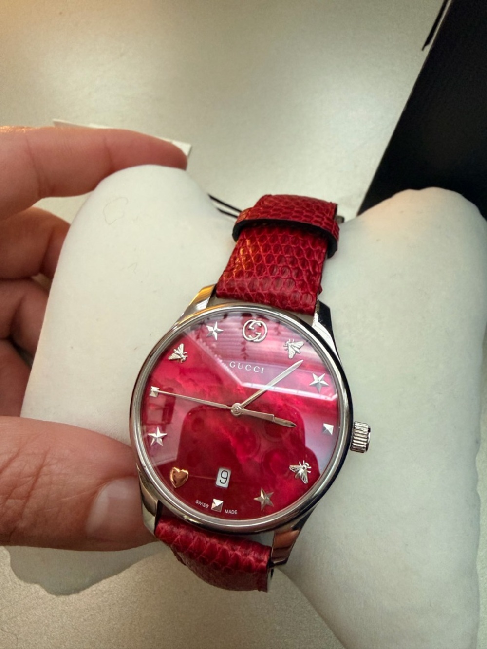 Gucci Red Mother-of-Pearl Dial Watch with Red Leather Strap